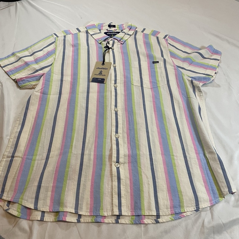 Chubbies Friday Mens Large Short Sleeve Button Down Shirt Multi Color Stripe NWT